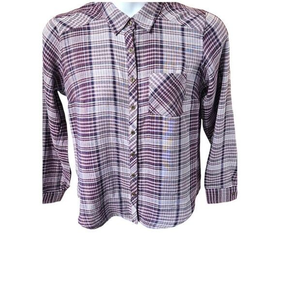 MAURICES Women's Purple & Grey Ornate Long Sleeve Button Front Shirt Size Large - Picture 2 of 16